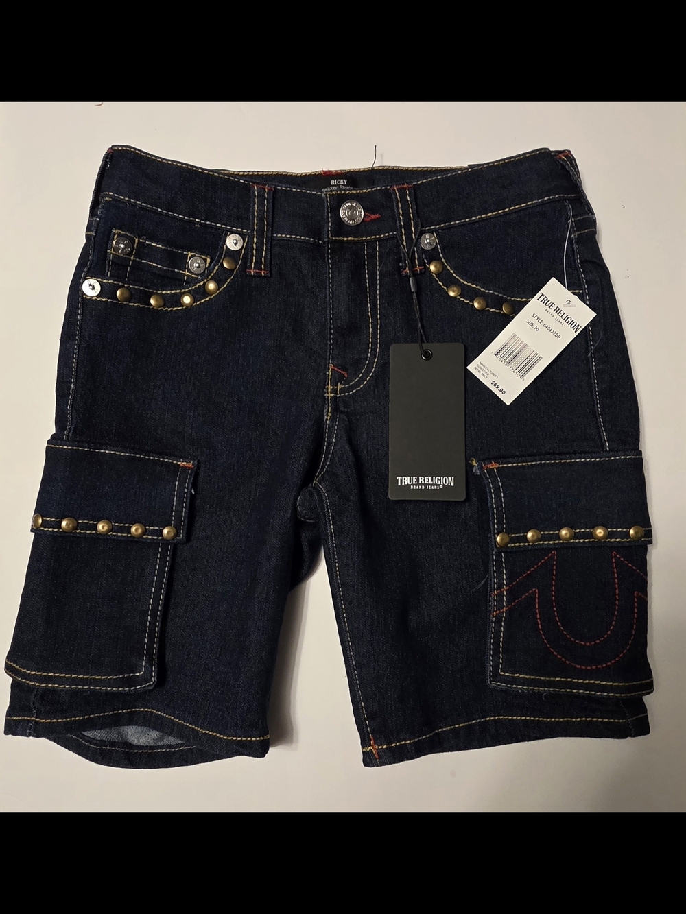 True Religion Dark Blue Denim Cargo Shorts with Gold Studs Size 10